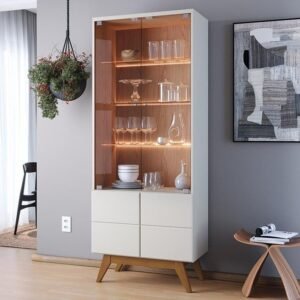 Cristaleira 2 Portas De Vidro Noronha Com Led Off White Matte / Freijó