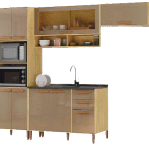 Cozinha Munique c/tampo Wood Madeirado/Reflecta Brilho 5 peças