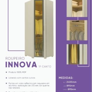 Roupeiro Innova Reflecta 1P De Canto C/Led C/Espelho Off White Gelius