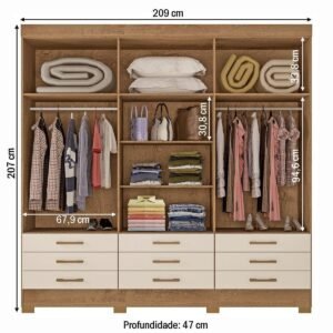 Guarda-Roupa Casal Vila Velha 6 Portas 9 Gavetas Canelato Rústico/Natura Brilho - Atualle Móveis