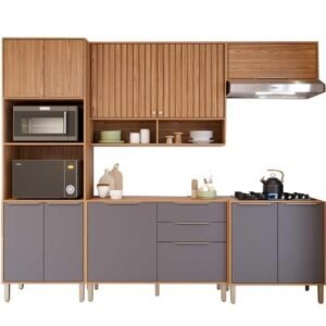 Cozinha Modulada Divina Ripada 5 Peças Com Placa Ripada Mgm - Freijó/Titanium