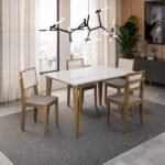 Conjunto de Mesa Dobue Safira com 4 Cadeiras - 136 cm - Imbuia, Branco e Off Bege