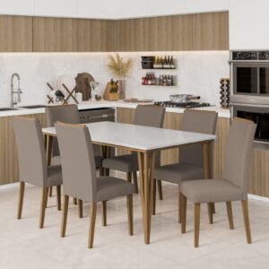 Conjunto de Mesa Dobue Safira com 6 Cadeiras Topazio - 160 cm - Imbuia, Branco e Off Bege